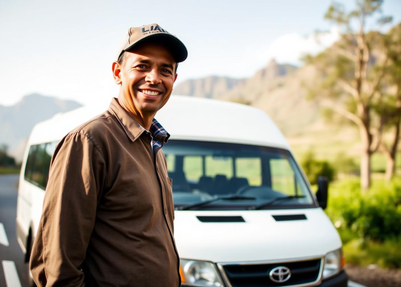 Owner-driver standing beside the Southern Berg Shuttle vehicle