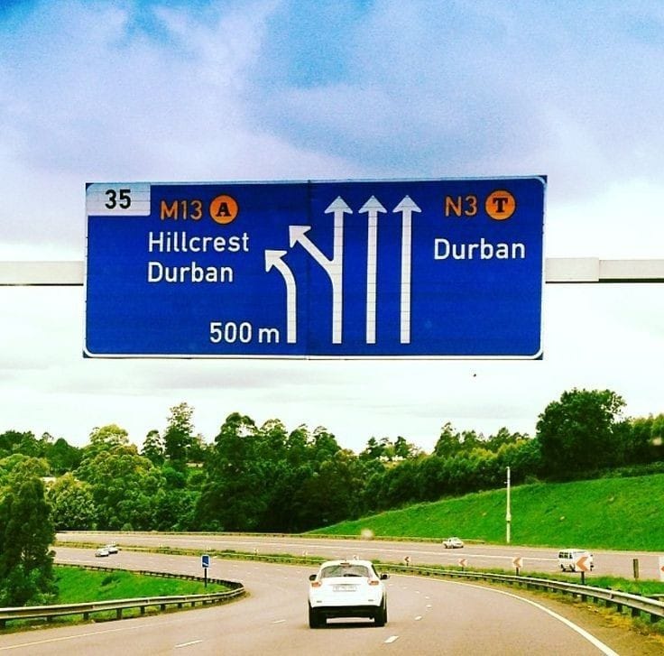 N3 highway overhead sign for Hillcrest and Durban on the route to King Shaka Airport